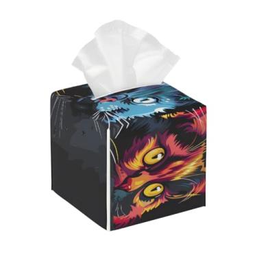 Imagem de Porta-lenços de papel quadrado de couro, impermeável, colorido, animal, gato, organizador de papel facial com cinto inferior, estojo de lenços para mesa, banheiro, escritório, mesa, carro, decorativo