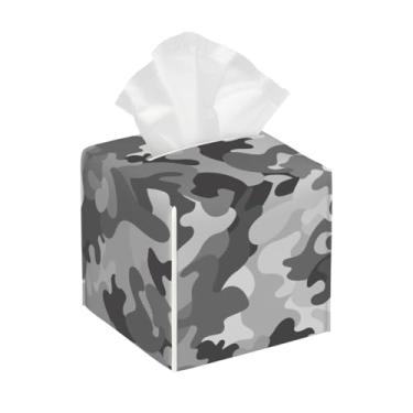 Imagem de Porta-lenços de couro quadrado à prova d'água camuflagem cinza padrão organizador de papel facial com cinto inferior estojo de lenços para mesa, banheiro, escritório, mesa, carro, decorativo