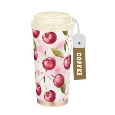 Imagem de SEHANY Caneca de viagem de cereja fofa de 482 g Copos de café reutilizáveis revestidos de cerâmica com tampa à prova de vazamento, parede dupla, isolamento a vácuo, copo de café de aço inoxidável para