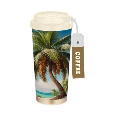 Imagem de SEHANY Caneca de viagem Summer Sea Beach Starfish 482 g Copos de café reutilizáveis revestidos de cerâmica com tampa à prova de vazamento, parede dupla, isolamento a vácuo, copo de café de aço