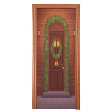 Imagem de ATTX Capa de porta da frente de guirlanda de Natal - Decoração de férias de tecido elástico lavável para festas, casa, decoração de porta da frente, 35 x 79 polegadas (143)