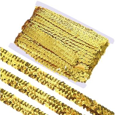 Imagem de Acabamento de lantejoulas douradas de 14,3 m para costura, fita elástica de lantejoulas douradas de 3 fileiras de 3 fileiras com glitter, faixa de lantejoulas metálicas para artesanato, costura, faixa