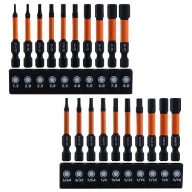Imagem de Conjunto de brocas Allen de cabeça hexagonal de impacto, 20 peças (métrico e SAE) Conjunto de brocas hexagonais de aço S2 de haste hexagonal de 1/10.2 cm, chave Allen magnética de 5 cm de comprimento
