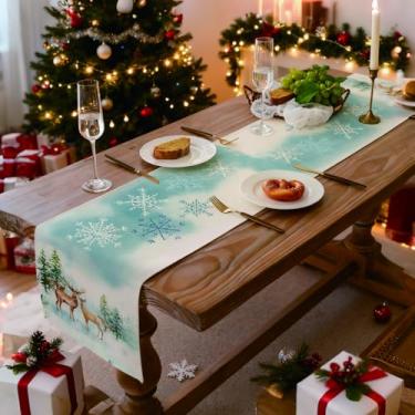 Imagem de Caminho de mesa de Natal, floco de neve de inverno rena cozinha decoração de mesa de jantar para decoração de festa de Natal em casa 33 x 70 polegadas