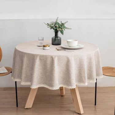 Imagem de Wuluwala Toalha de mesa redonda de tecido de cor sólida de 160 cm, toalha de mesa de linho de algodão com acabamento em renda, resistente a manchas, capa de mesa de jantar à prova d'água para cozinha