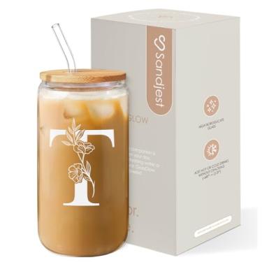 Imagem de SANDJEST Presentes com monograma para mulheres - copo de vidro com monograma inicial T 473 ml lata xícaras de café com tampa e canudo - monograma iniciais presentes para mulheres no aniversário