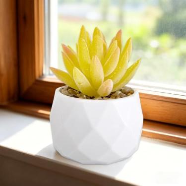 Imagem de Mini suculentas suculentas artificiais verde em vaso geométrico de diamante de Natal pequenas plantas falsas para decoração de casa e vegetação de mesa (amarelo-verde)