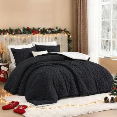 Imagem de Andency Conjunto de edredom de lã de ovelha fofa, quente, de lã preta, supermacio, para o inverno, conjunto de cama de pelúcia grossa jacquard de luxo, 3 peças (1 edredom felpudo, 2 fronhas)