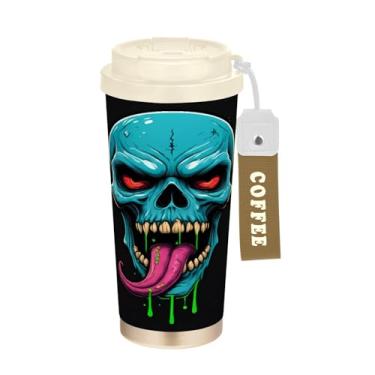 Imagem de STAYTOP Caneca de café engraçada com isolamento de caveira de 482 g, copo de café reutilizável de aço inoxidável com tampa flip à prova de vazamento à prova de derramamento para escritório, escola