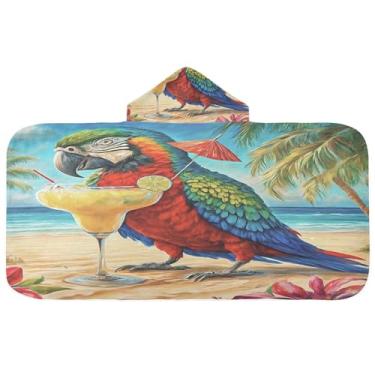 Imagem de Burbuja Toalha de banho com capuz Parrot on A Beach para crianças, toalha de praia de pelúcia macia absorvente para meninas e meninos 3-10 anos, 61 x 127 cm