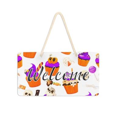 Imagem de Burbuja Placa de boas-vindas de cupcakes de Halloween para porta da frente, placa de boas-vindas de PVC para decoração de férias, 15 x 28 cm