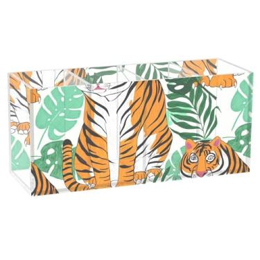 Imagem de Burbuja Porta-canetas de acrílico Tigers Tropical Leaves com 4 compartimentos, suporte de lápis transparente para pincéis de maquiagem fixos, acessórios de mesa de escritório em casa