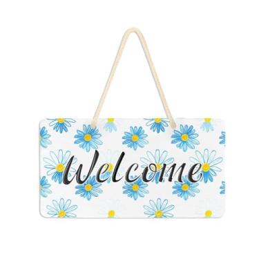 Imagem de Burbuja Placa de boas-vindas com margaridas azuis e brancas para porta da frente, placa de boas-vindas de PVC para decoração de férias, 15 x 28 cm