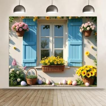 Imagem de Pano de fundo de primavera, Páscoa, 3 x 2,4 m, jardim, janela, parede, ovos, flores, girassol, fotografia, tema de páscoa, decorações de festa, banner, adereços de estúdio fotográfico