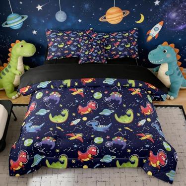 Imagem de Yadangxiawa Jogo de cama solteiro de dinossauro, 6 peças, para adolescentes, com 1 colcha + 1 lençol de cima + 1 lençol com elástico + 2 fronhas + 1 capa de almofada (dinossauro-C, solteiro)