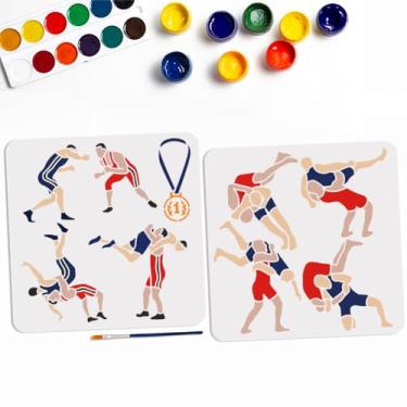 Imagem de MAYJOYDIY 2 peças de estênceis de medalha de luta livre quadrada grande de 11,8 × 11,20 cm para pintura de modelo temático esportivo com pincel em madeira, tela, papel, tecido, parede e móveis