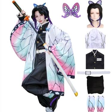 Imagem de Buyoem Shinobu Cosplay Costume Kimono for Kids Girls Robe Cloak Anime Costume Set Halloween Kimono Outfit Cosplay with Wig (Shinobu wig, XXL)