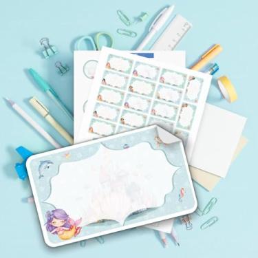 Imagem de Kit de Etiquetas Escolares Tema Sereia 02 em branco para escrever o nome em casa, identificar cadernos, livros, estojos, mochilas e lancheira infantil
