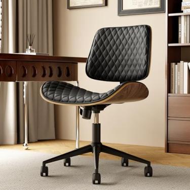 Imagem de Cadeira de escritório em casa com rodas, cadeira de escritório de couro PU de altura ajustável sem braços, cadeira ergonômica de computador com encosto médio, design de assento curvo de nogueira