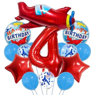 Imagem de Conjunto de balão grande número 4 vermelho de avião, decorações de 4 anos, suprimentos de festa com tema voador com céu vermelho, balões número 4 para meninos 4 anos de idade, decorações de