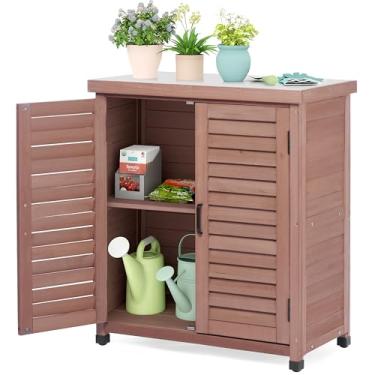 Imagem de Armário de armazenamento externo e mesa de bancada de vaso com tampo de metal, móveis de pátio de madeira, estação de trabalho de jardim (marrom escuro, 91 x 79 x 43 cm)