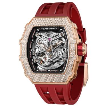 Imagem de TSAR BOMBA Relógio masculino automático Tonneau de luxo esqueleto para homens, mecânico, 50 m, à prova d'água, analógico, masculino, exclusivo, quadrado, mostrador grande, relógio de pulso com