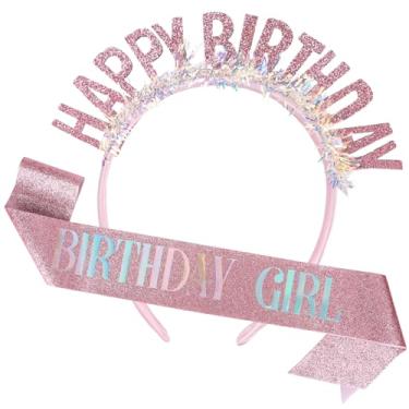 Imagem de Conjunto de Coroa e Faixa Rosa Feliz Aniversário, Faixa Aniversário com Glitter de Princesa com Confete Arco-Íris para Meninas e Mulheres para Festas Decorações