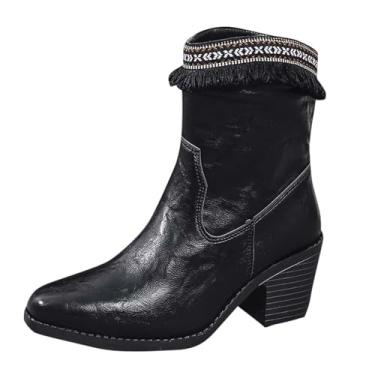 Imagem de Botas femininas de borla, bico fino, salto grosso, confortável para passeios no outono e inverno, design moderno, Preto, 35