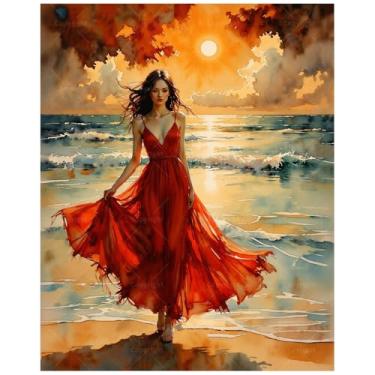 Imagem de Kit de pintura de retrato por números para adultos - DIY mulher em vestido vermelho ao pôr do sol na praia, pintura em tela, conjunto de tinta acrílica, adequado para iniciantes, arte para decoração