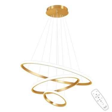 Imagem de Luminária Pendente LED Moderna Dourada De 3 Anéis, Luminária De Teto Regulável Por Controle Remoto, Pendente Luminária De Embutir Redonda, 3000-6000K