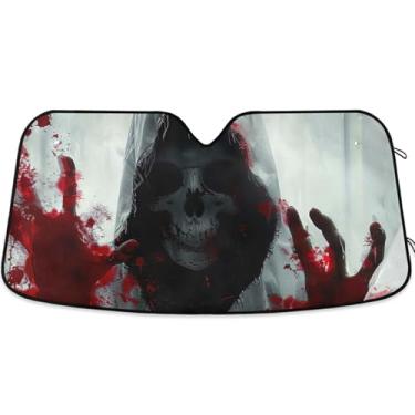 Imagem de Protetor solar personalizado fantasmagórico com capuz caveira sangrenta carro para-brisa bonito universal dobrável automotivo protetor solar floral M, 139.7 cm x 70.1 cm