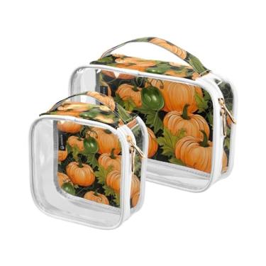 Imagem de Folhas de outono remendos de abóbora sacos de viagem de plástico transparente com zíper, bolsa de cosméticos para carro, bolsa para meninas, pacote com 2, Abóbora com folhas e videiras-2, one size