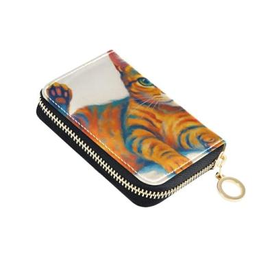 Imagem de Porta-cartão de crédito com bloqueio de RFID, carteira feminina de couro, zíper ao redor com zíper, porta-chaves, desenho fofo de gato laranja