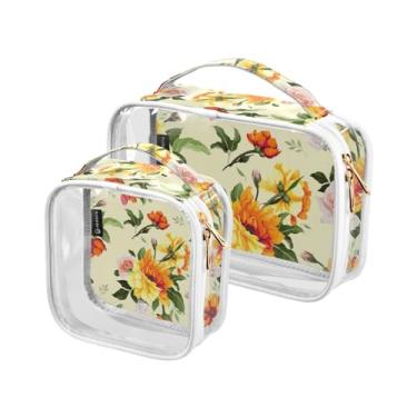 Imagem de GAIGEO Conjunto de 2 sacos de higiene pessoal transparentes coloridos para maquiagem de plástico com zíper para viagem, Flores amarelas florais em aquarela, one size