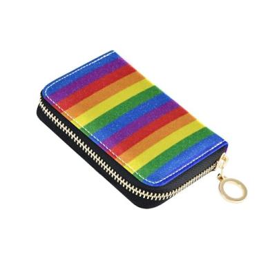 Imagem de Carteira feminina colorida listrada de couro com bloqueio de RFID, porta-cartões de crédito, pequena carteira masculina com bolso para moedas