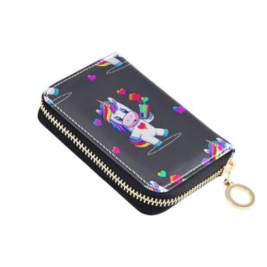 Imagem de Carteira feminina divertida de couro com bloqueio de RFID, suporte para cartão e dinheiro de unicórnio de desenho animado futurista preto com zíper