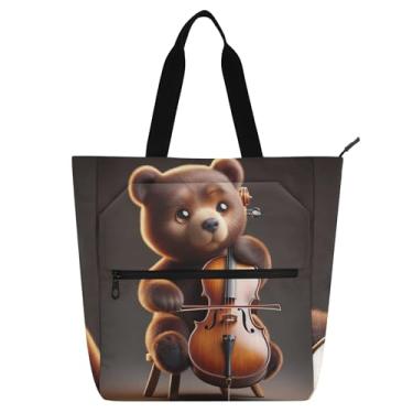 Imagem de GAIGEO Bolsa feminina de trabalho com violoncelo e violoncelo fofa bolsa de lona com zíper bolsa de praia de tecido com compartimentos