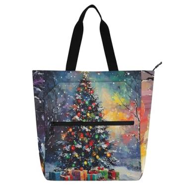 Imagem de GAIGEO Sacola feminina com luzes coloridas de árvore de Natal para trabalho, lona, bolsa de tecido, faculdade, escola, presente reutilizável para amantes de livros