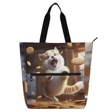Imagem de GAIGEO Sacolas femininas divertidas de trabalho com gato gordo pulando bolsa escolar de lona bolsa de mão feminina infantil com compartimentos