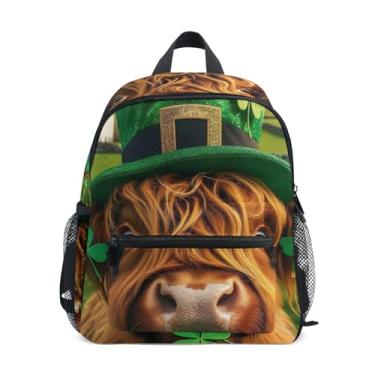 Imagem de Highland Cow St Patricks Funny Simple Modern Toddler Backpack with Whistle, 2 Bottle Pockets, Lightweight, Kids Travel Backpacks 10x4x12 In, for Ages 3-8
