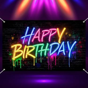 Imagem de BlissYard Banner neon feliz aniversário 188 x 109 cm tinta gotejamento brilha no escuro decoração de festa fundo grafite parede estilo foto cabine pano de fundo suprimentos decoração evento arte de