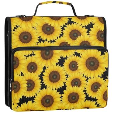 Imagem de Organizador de fichário com zíper, girassóis, amarelos, marrom, preto, 3 anéis, 3,5 cm, fichários fofos com alça para bolsa de ensino médio, portfólio e estojo para pasta de anéis, 34,5 x 31,5 x 9 cm