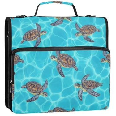 Imagem de Lindo organizador de fichário com zíper, 3 anéis, 3 anéis, tartarugas marinhas, azul aqua, estojo portfólio de armazenamento com alça e alça para escola, 34,5 x 31,5 x 9 cm