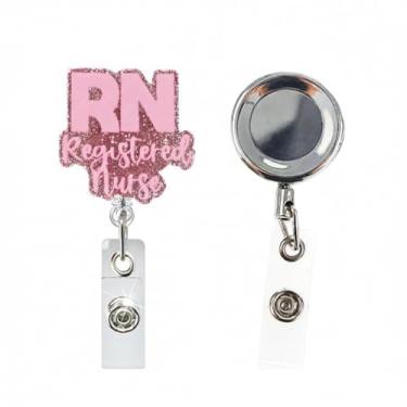 Imagem de Pacote com 2 carretéis de crachá de enfermeira, porta-identidade retrátil RN e totalmente de metal, clipe de jacaré de acrílico fofo para crachá de identificação, suporte de etiqueta de nome de