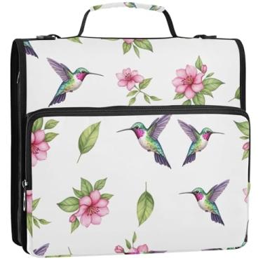 Imagem de Organizador de fichário com zíper para beija-flores em aquarela vibrante, 3 fichários de anel D de 3 polegadas com alça pasta de armazenamento de bolsa de ensino médio com alça 34,5 x 31,5 x 9 cm