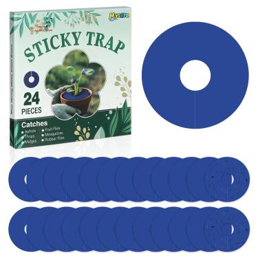 Imagem de Mysora 24 armadilhas para moscas de frutas, anel azul, armadilhas adesivas para insetos rastejantes, mosquitos, pulgões, moscas brancas, tripes seguros para ambientes internos e externos, vasos de