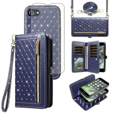 Imagem de Capa de celular para iPhone 7/8/SE 2020/2022 carteira com zíper destacável protetor de tela transversal alça de cordão brilhante suporte de cartão de crédito iPhone7 iPhone8 2/2nd/3/3ª geração