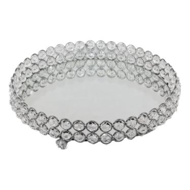 Imagem de Bandeja decorativa redonda com duas fitas adornadas com bordados de cristal. (Prata)