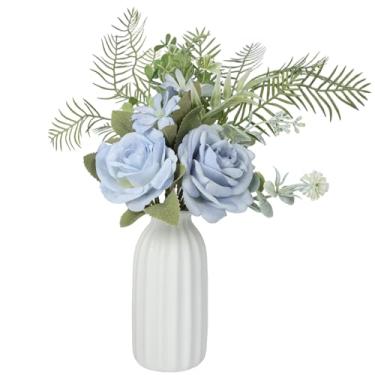 Imagem de PartyforU Flores falsas com vaso – Flores artificiais de rosa azul em vaso para mesa de jantar, mesa de jantar, cozinha, arranjo floral para sala de estar, offiece, casa de fazenda, decoração de casa