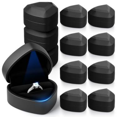 Imagem de Yinkin 12 caixas de joias de veludo preto, anel de exibição de luz de LED, colar, corrente, caixa de presente em massa de casamento, aniversário de casamento (caixa de anel, formato de coração)